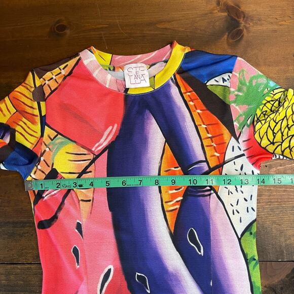 Stella Jean Short Sleeved Midi Dress Corta Colorful Print Stretch Womens 40 US 4 - Picture 12 of 16